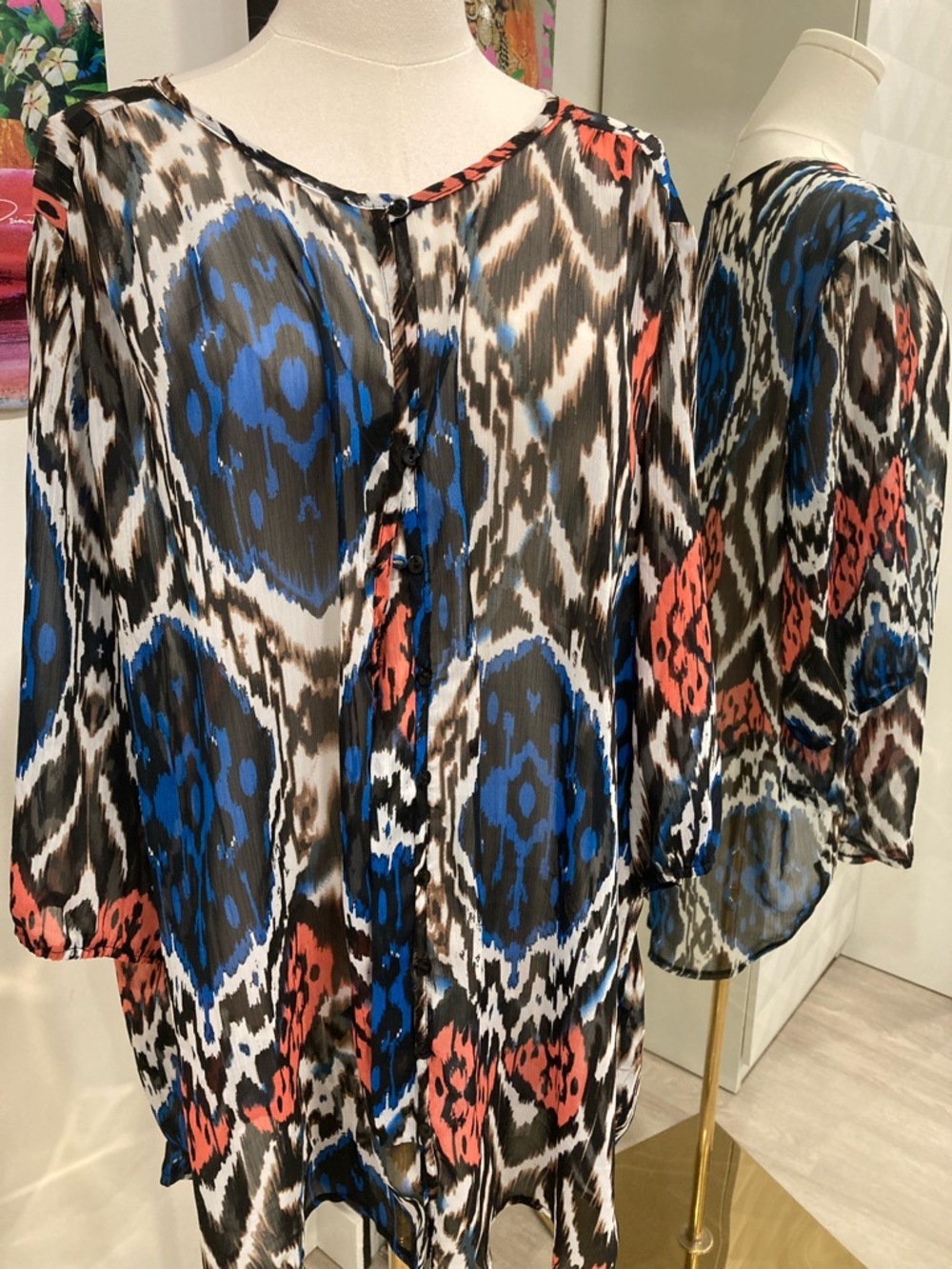 Jessica Sheer Ikat Tunic in Blue, Black & Coral